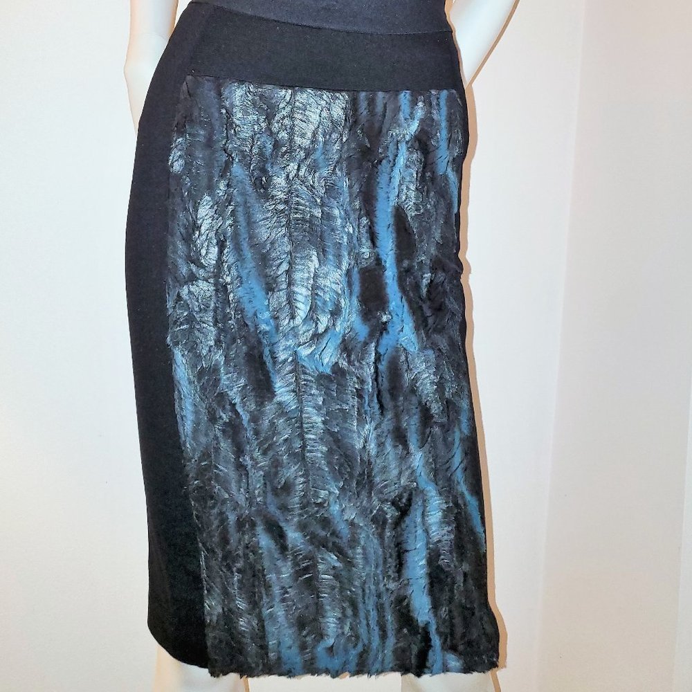 BCBG MAXAZRIA | Black & Blue Ines Coated Faux Fur Pencil Skirt | Size XXS |